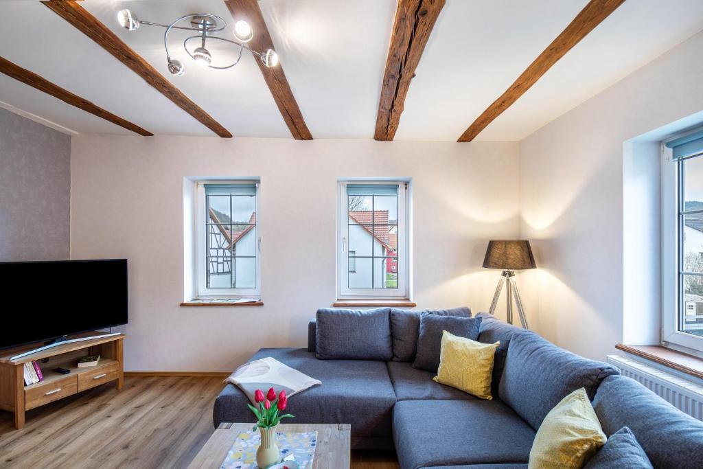 a living room with a blue couch and windows at Ferienwohnung Haseltal in Rotenburg an der Fulda