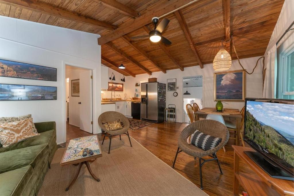 a living room with a couch and a tv at The Deep Forest Green Cottage · The Deep Forest Green Cottage in Cedar Mountain
