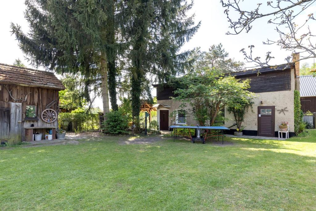 a yard with a ping pong table in front of a house at Ferienwohnung am Bloschk in Schwielochsee