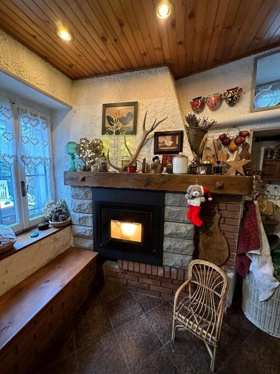 a living room with a fireplace and a chair at Casa Fiore in Borgo Capanne