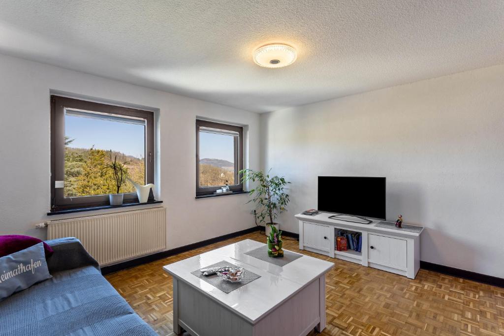 a living room with a couch and a tv at Ferienwohnung Ankerplatz, 65qm in Sundern