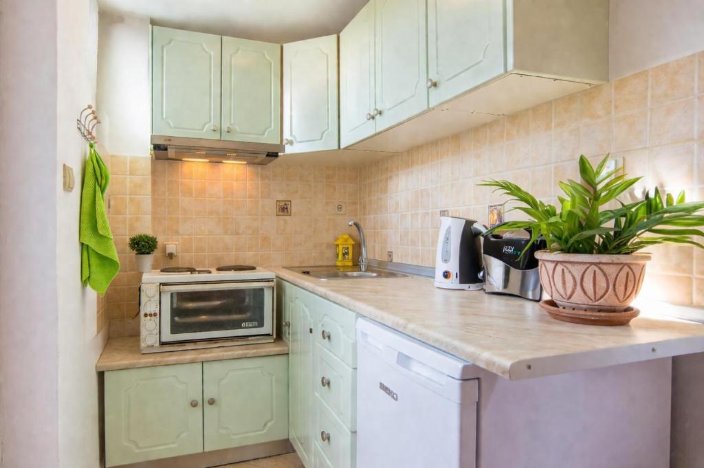 a kitchen with green cabinets and a plant on the counter at 32sq Apartment with Balcony in Vlachopoulátika