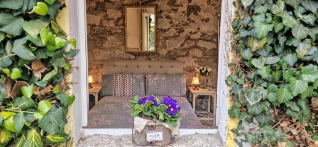 a room with a bench and a mirror and plants at The Cottage by the lake 1 in San Maurizio dʼOpaglio