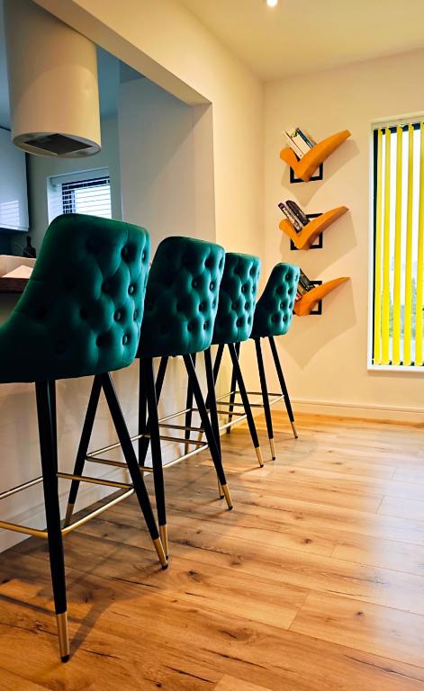 a row of green chairs in a room at Galway Paradisus in Galway