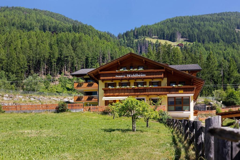 a large house in a field with a mountain at Pension Waldheim Rooms in San Giacomo