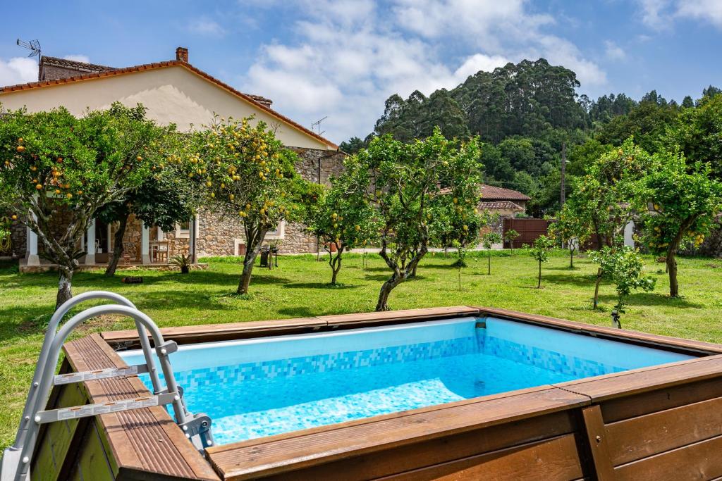 a swimming pool with a bench next to a yard at La Casuca del Músico in Novales