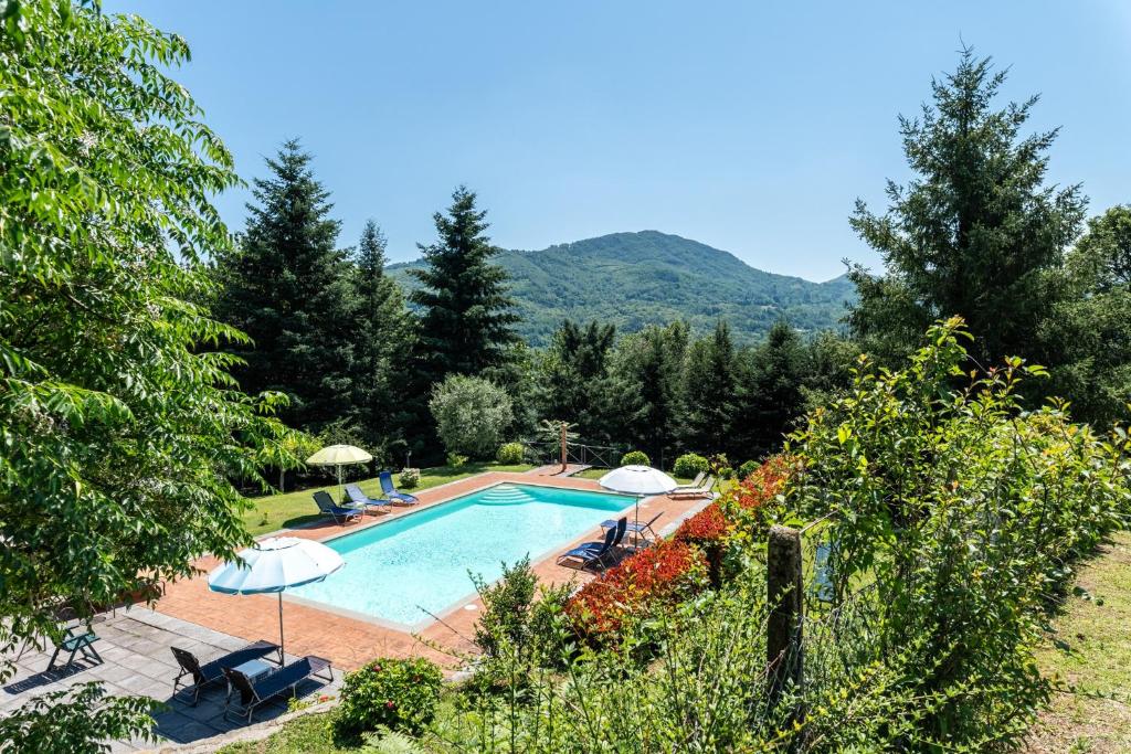 a swimming pool in a garden with umbrellas at Alba al Rifugio Arcobaleno in Popiglio