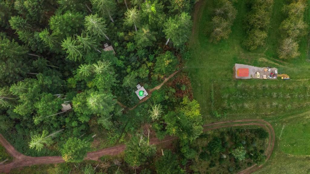 an aerial view of a house and a tractor in the forest at Trekking Camp am Renchtalsteig in Oppenau