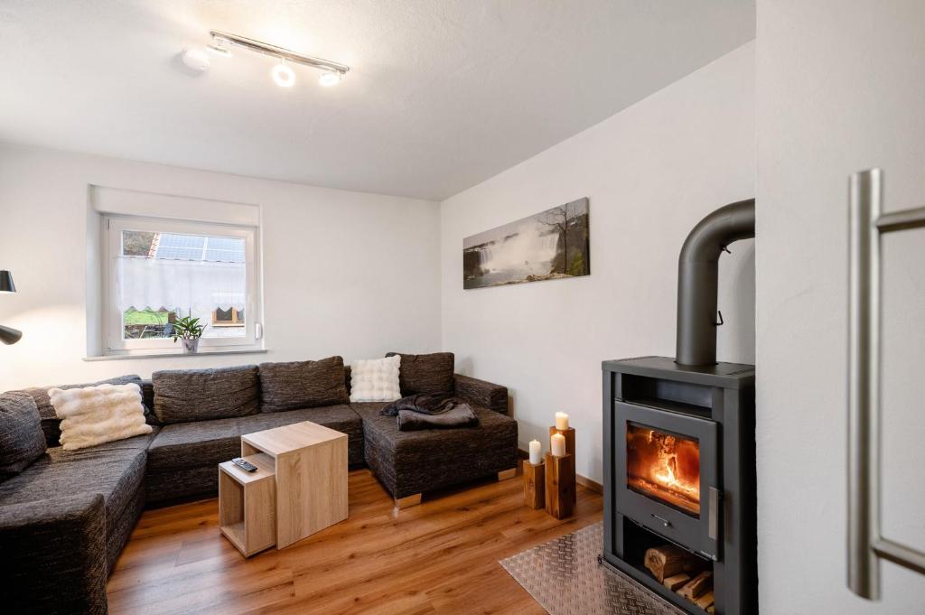 a living room with a couch and a fireplace at Wasgauaktiv in Schindhard