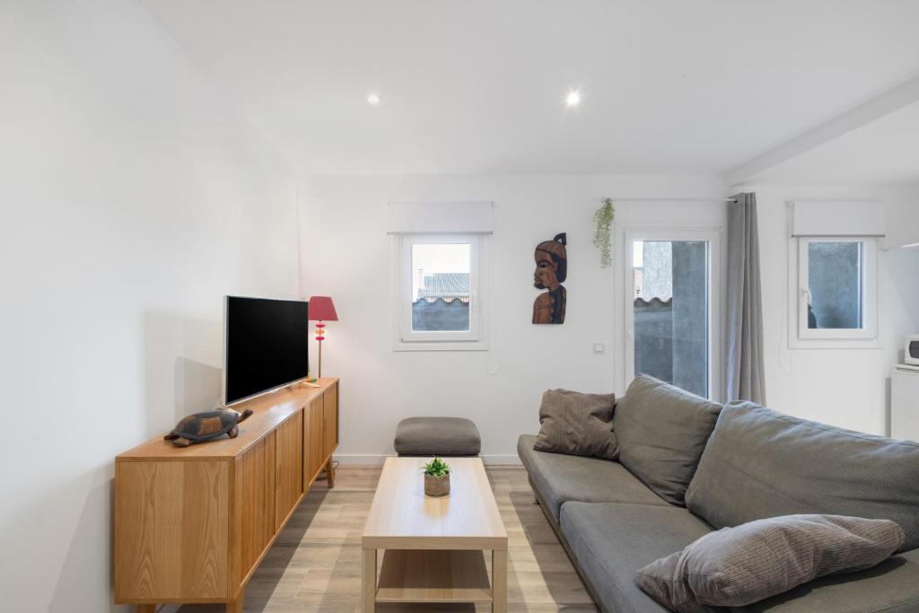 ein Wohnzimmer mit Sofa und Flachbildfernseher in der Unterkunft Cal Brigida in San Martín de Tous