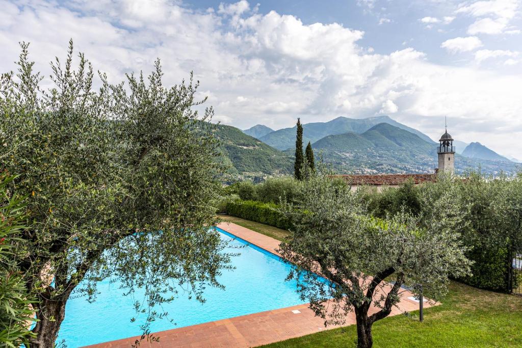 a swimming pool in a garden with mountains in the background at Nido di Cisano in San Felice del Benaco