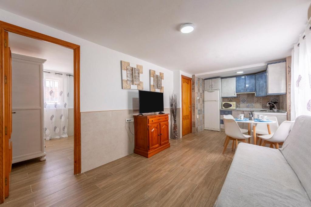 a living room with a television and a kitchen at Noria 2 in Níjar