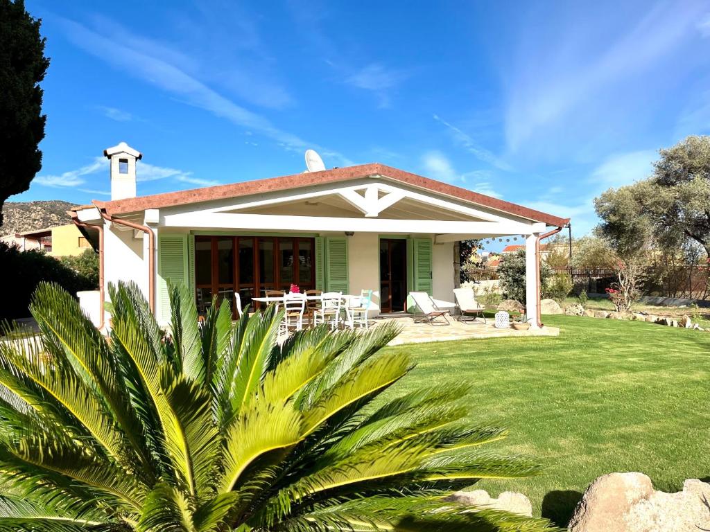 a green house with a palm tree in front of it at Villa Alzoni in San Teodoro