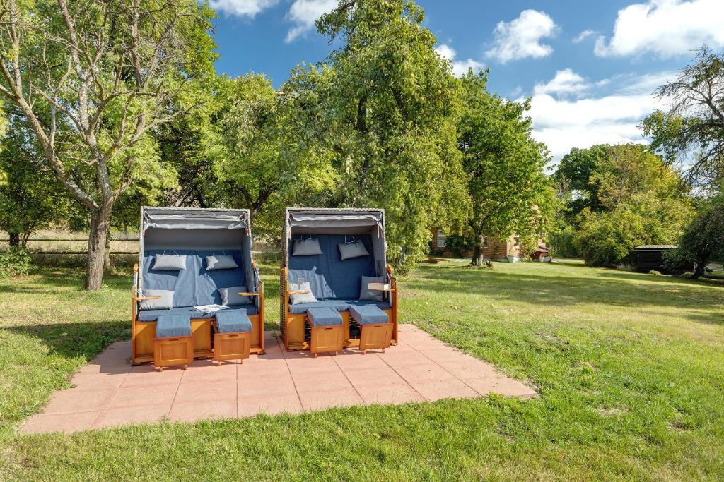 two blue chairs sitting on the grass in a park at Ferienhaus Feldblick in Karwitz