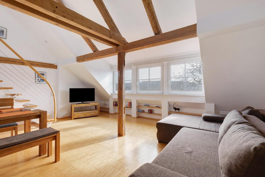 a living room with a couch and a tv at Birkethof Romantik-Appartement in Mickhausen