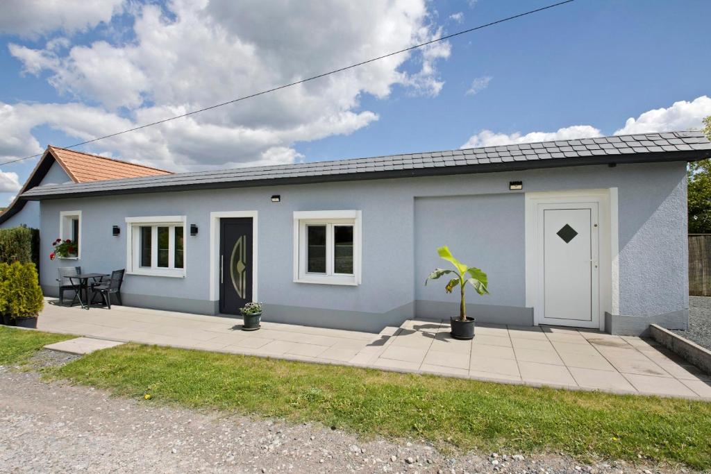 a small blue house with a patio at Ferienwohnung Pfauenhof in Harztor