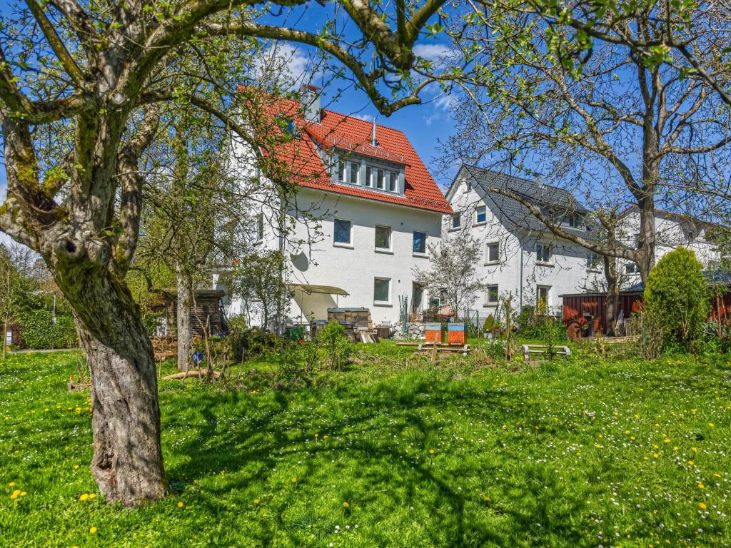a large white house with a red roof at Ferien am Lipbachpark in Friedrichshafen