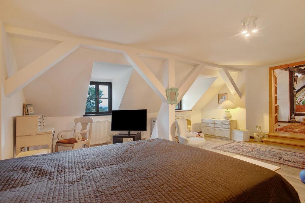 a bedroom with a bed and chairs and a tv at Sechtlberggut in Plain