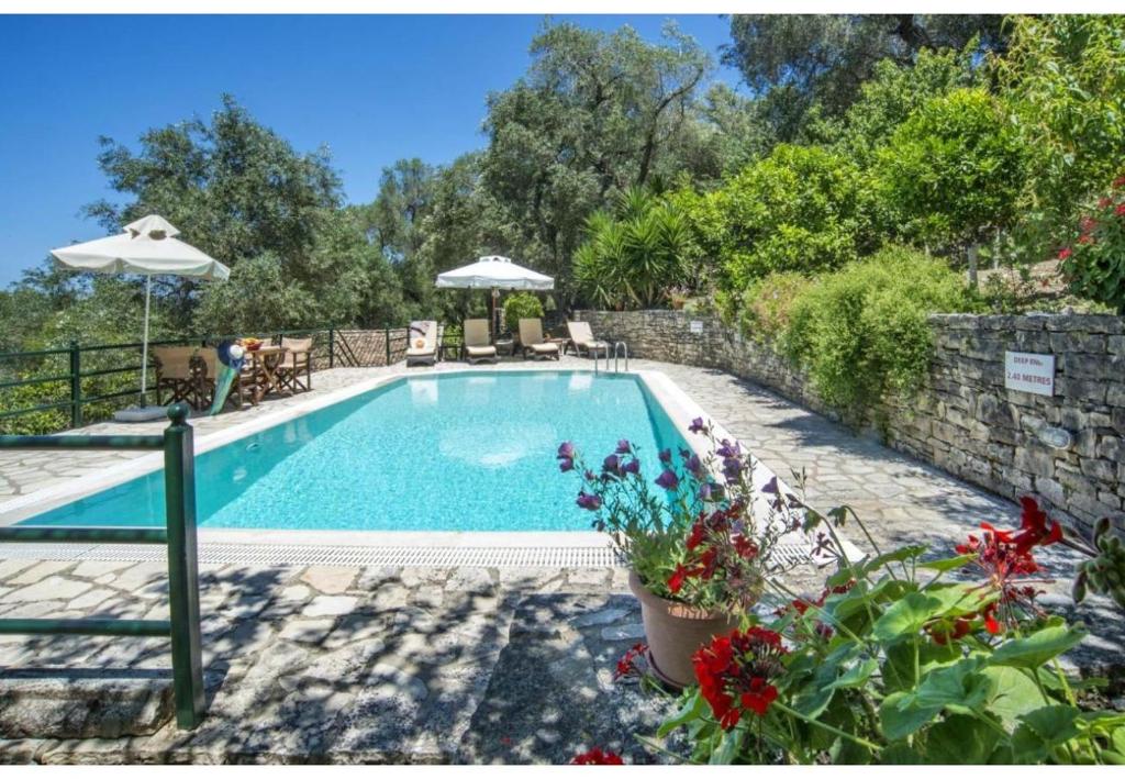 ein Swimmingpool in einem Hof mit einer Steinmauer in der Unterkunft Villa Dendro in Lákka