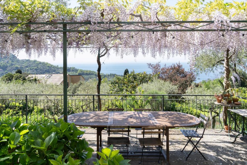 a table and chairs under a wisteria pergola at Uliveto in Camogli
