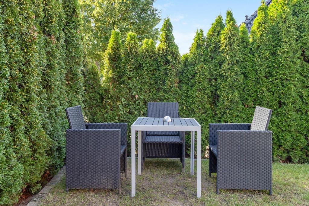 a table with four chairs and a hedge at Künzes Domizil in Edemissen