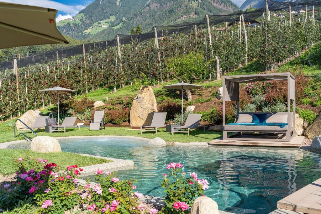 a pool in a garden with chairs and umbrellas at Feldhof Apartment Apfeltraum in Caines