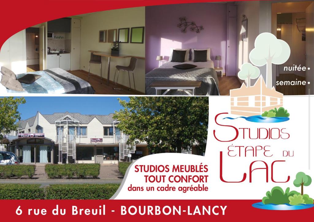 a collage of three pictures of a house at Studios étape du Lac in Bourbon-Lancy