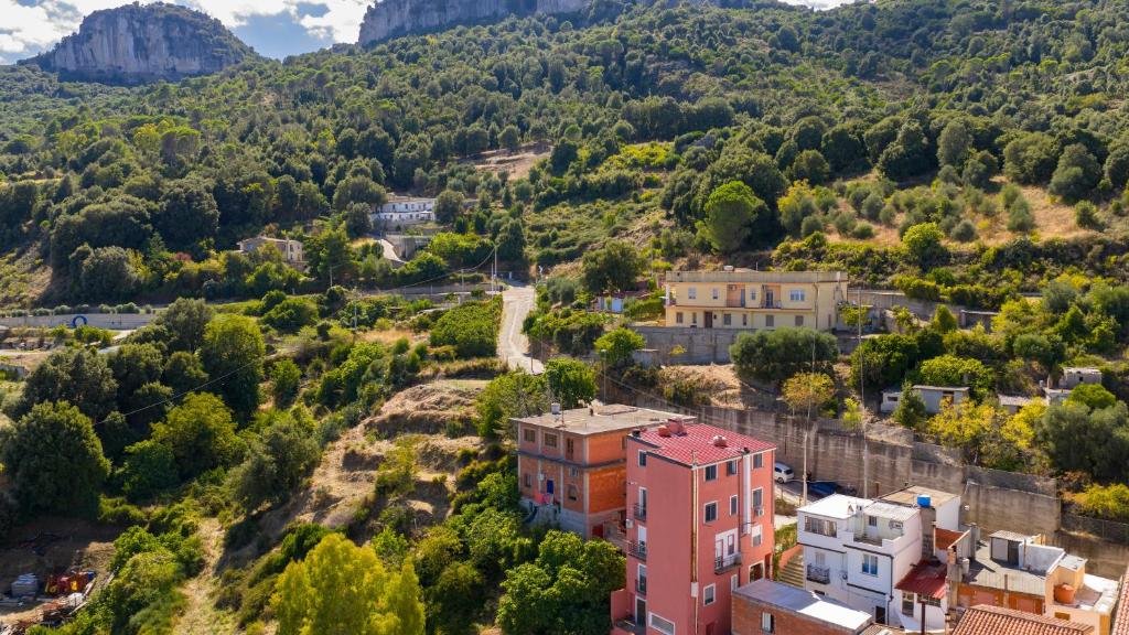 an aerial view of a town in the mountains at Casa Cuccureddu in Jerzu