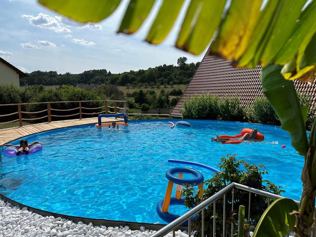 a large swimming pool with people swimming in it at Ferienhof Henn in Weikersheim
