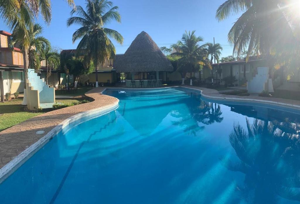 a swimming pool with palm trees and a building at Hotel Mecalco in Huazuntlán