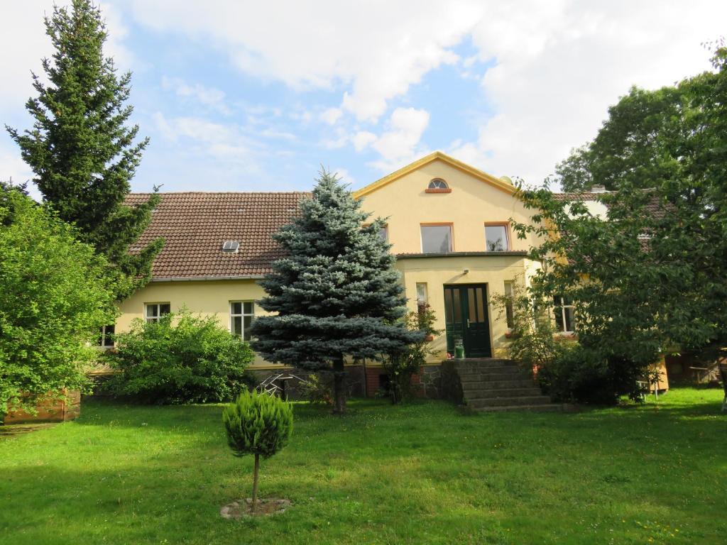 a house with a christmas tree in the yard at Hof Gerbert in Halenbeck