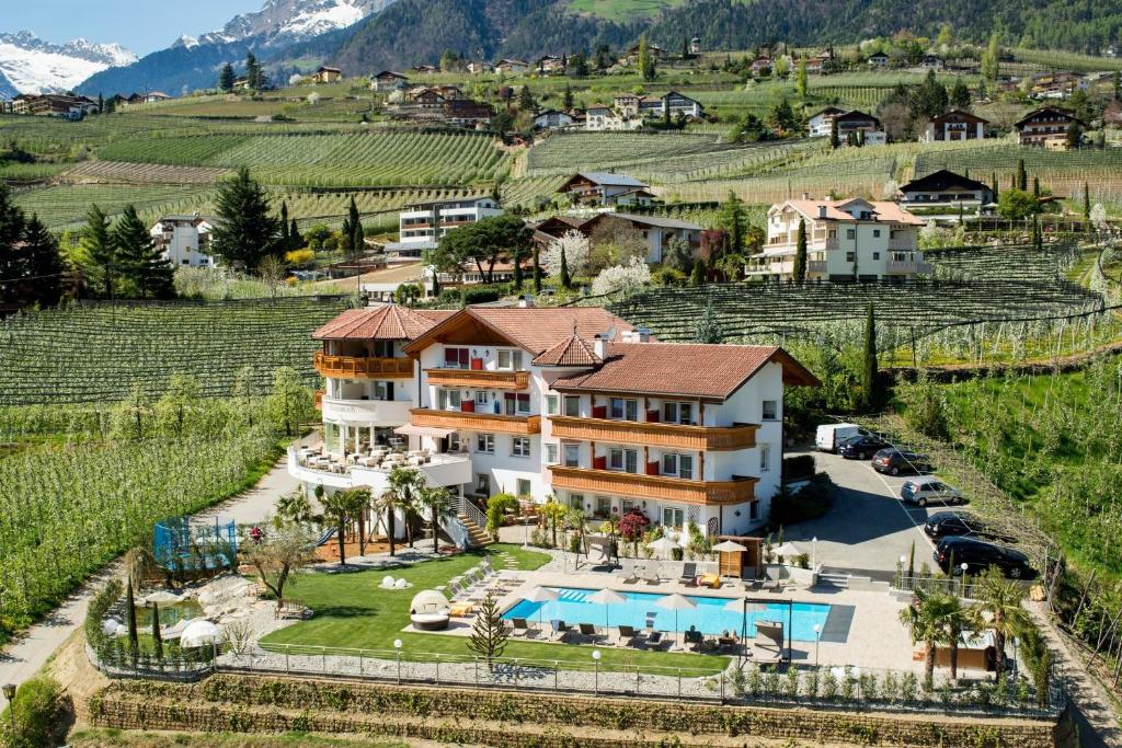 Luftaufnahme eines Hauses in einem Weinberg in der Unterkunft Passerblick in Dorf Tirol