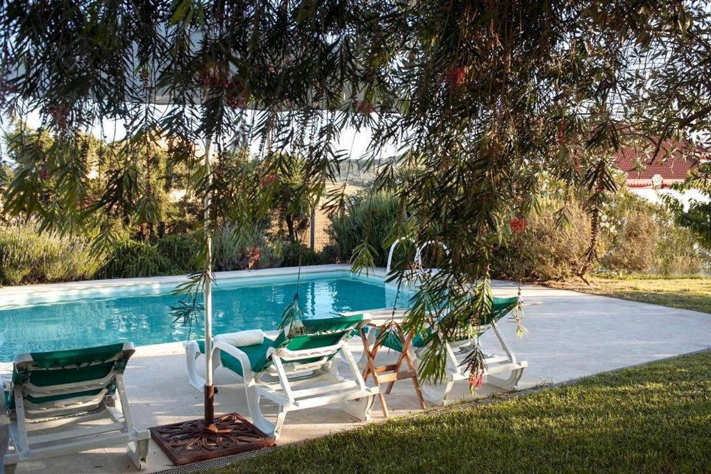 a swimming pool with two lawn chairs and a tree at Casa das Alfazemas in Cadaval