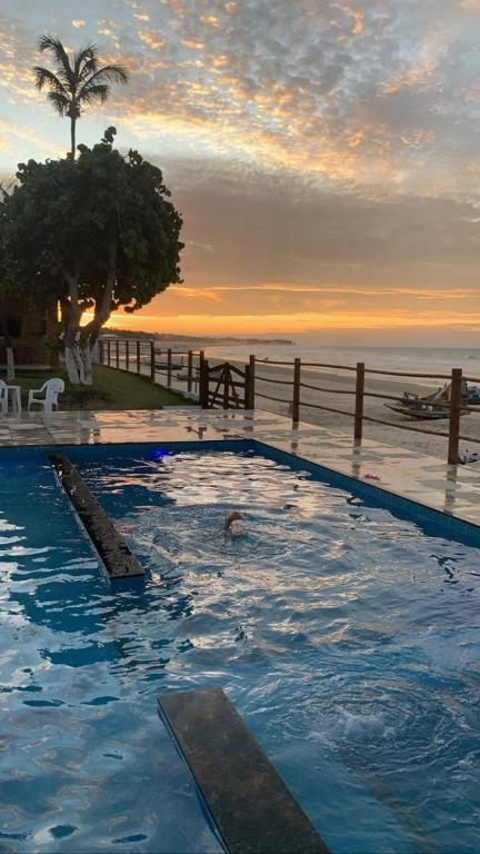 a swimming pool with a palm tree and the ocean at Casa Amarela - Guajiru in Trairi