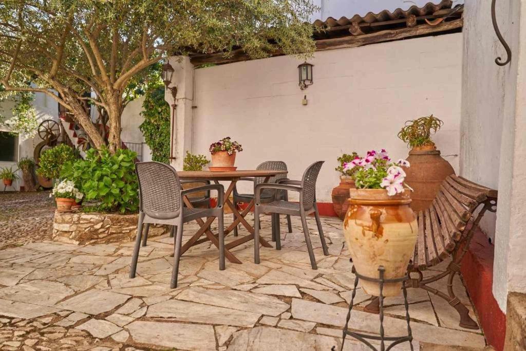 a patio with a table and chairs and flowers at El Zarzo in Fuenteheridos