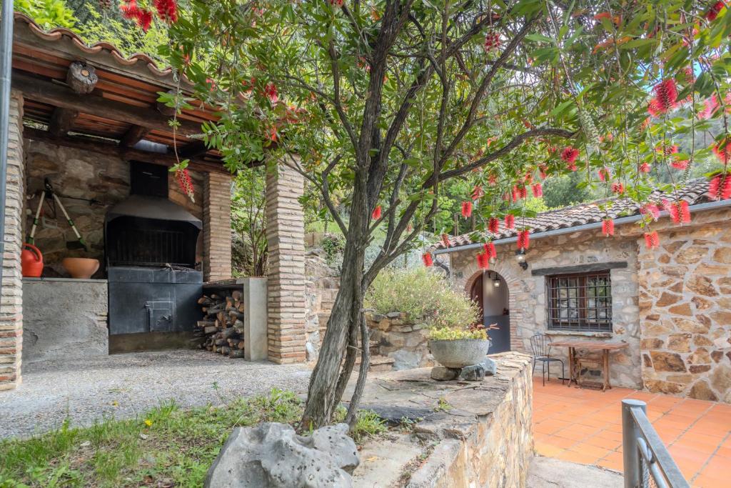 a stone house with a fireplace and a tree at Cal Manyà in Susqueda