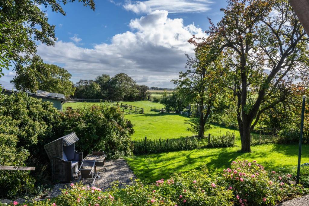 a garden with a bench and trees and a field at Ferienhof Harrsen in Pellworm