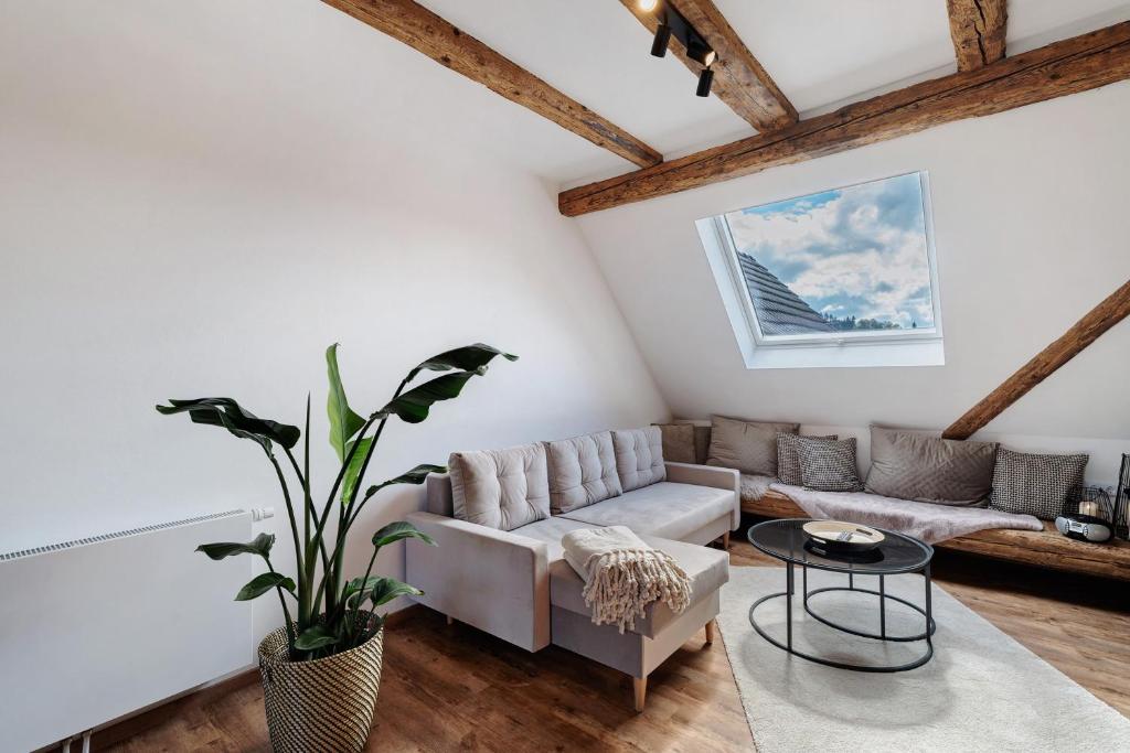 a living room with a couch and a table at Erlebnis-Bauernhof Scheunenglück in Oberkirch