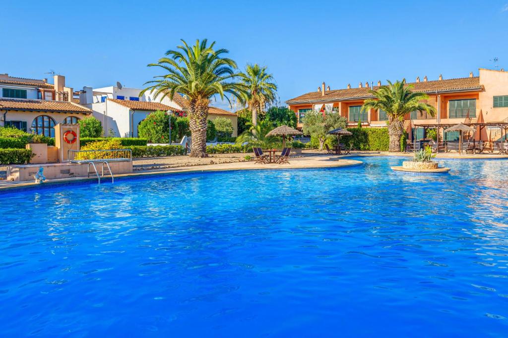 a large swimming pool with palm trees and buildings at Can Om in Campos