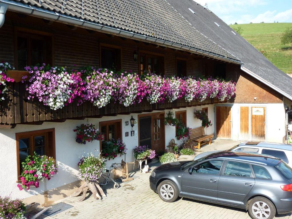 a car parked in front of a house with flowers at Biobetrieb Lippenhof in Breitnau