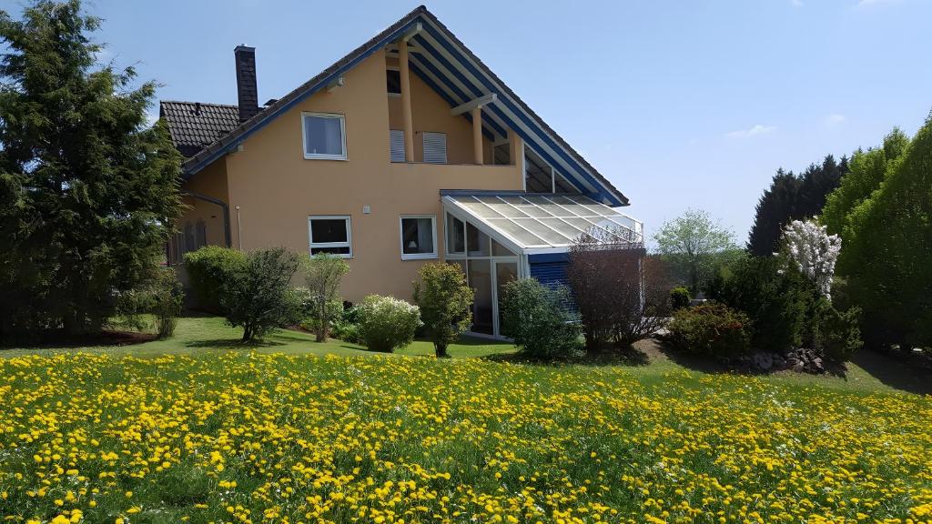 a house with a field of flowers in front of it at Ferienwohnung Sonnenblick in Eisenbach