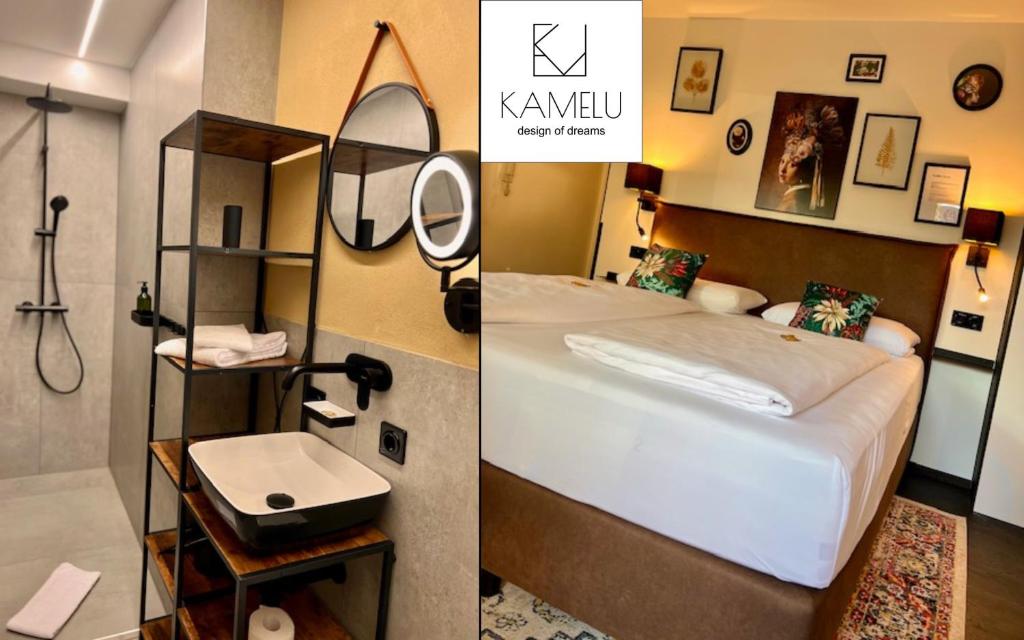 a bedroom with a bed and a bathroom with a shower at Flora und Fauna by Kamelu in Gengenbach