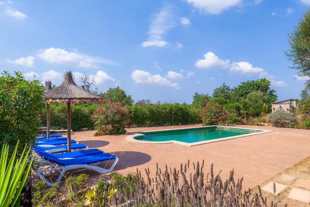 a swimming pool with blue lounge chairs and an umbrella at Acuario-Géminis in Llucmajor