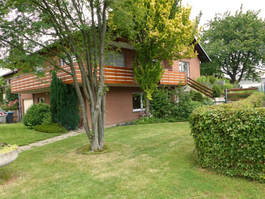 a house with a tree in the yard at Ferienwohnung am Lerchenweg in Möhnesee