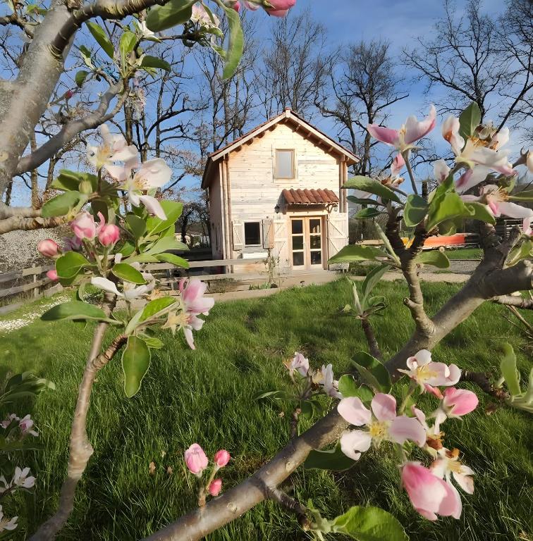a house in the background with a tree with pink flowers at Au chant des oiseaux - rouge gorge in Varen
