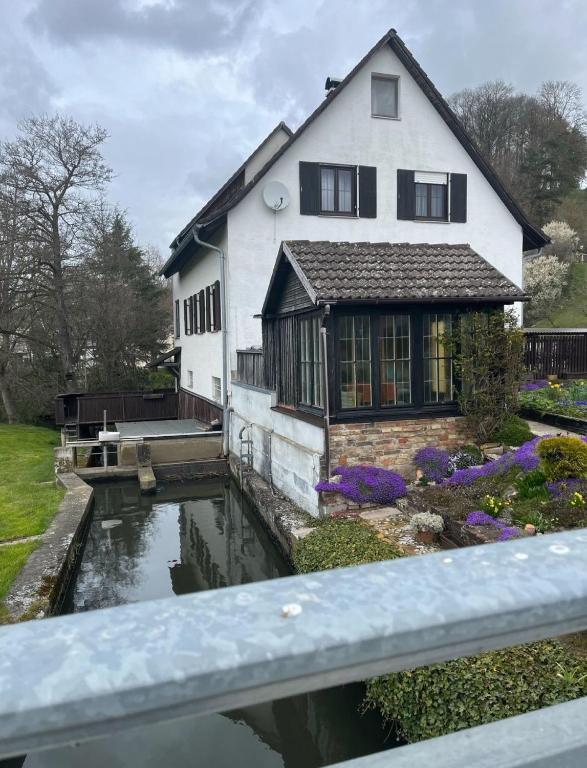 a house with a pond in front of it at Ferienwohnung Modelshauser Mühle in Hinterbuch