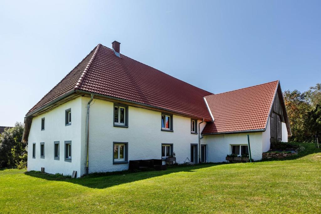 a large white house with a brown roof at Ferienwohnung auf dem Wald 6 Pers in Görwihl