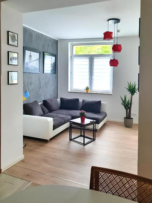 a living room with a couch and a table at Geräumige moderne 3 Raumwohnung in Dohna