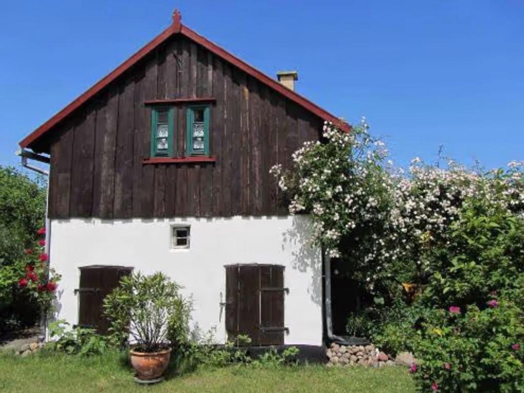 a white house with a wooden roof at Villa Ilsebill in Ribnitz-Damgarten