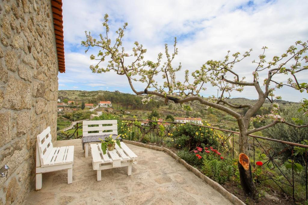 a patio with two white benches and a tree at Casa do Avô - Alojamento Sortelha in Sortelha